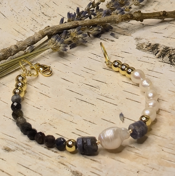 Genuine Natural  Sapphire & Baroque Pearl In Artisan Handctafted  Bead Bracelet - Picture 1 of 8